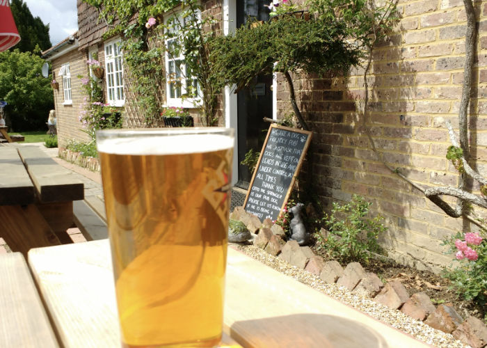 A pint of beer on a table in front of the Frog and Nightgown